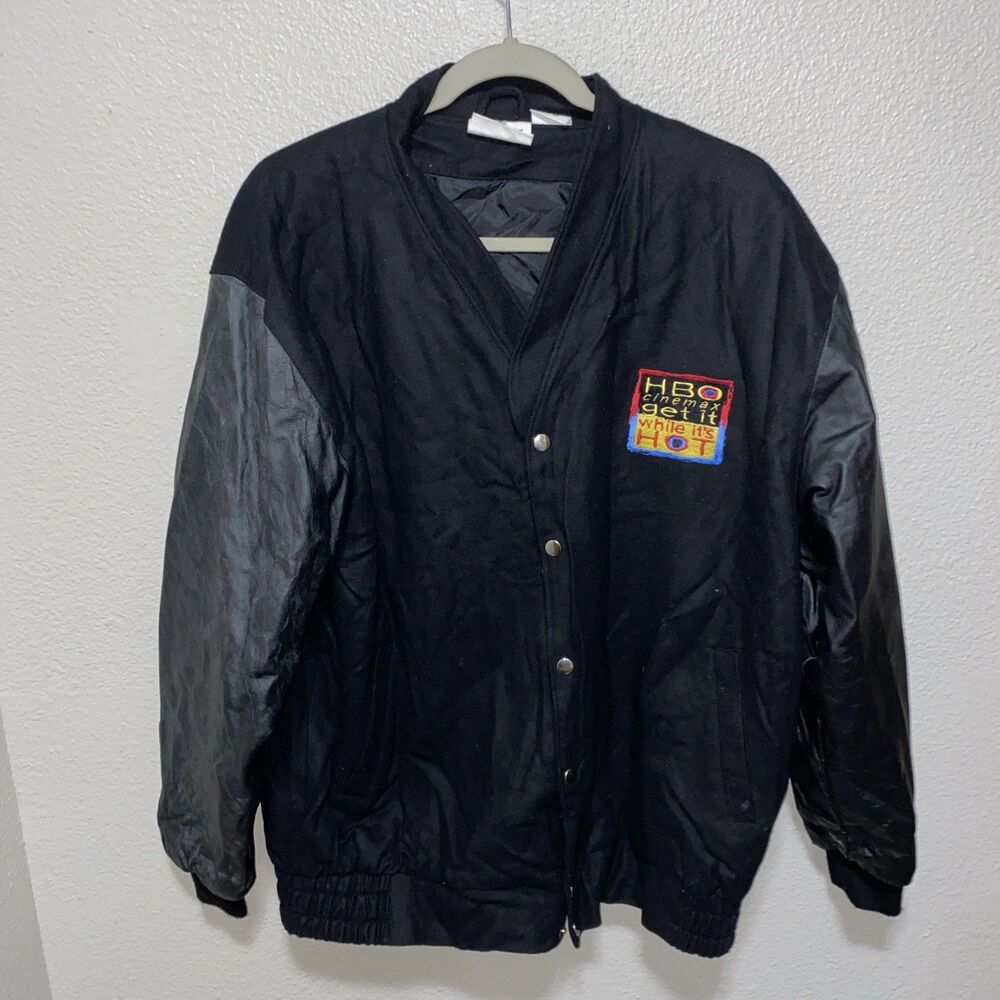 VTG HBO Men’s Snap On Wool Blend Leather Jacket Size XL Black